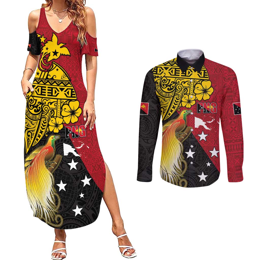 Papua New Guinea Independence Day Couples Matching Summer Maxi Dress and Long Sleeve Button Shirt Bird-of-Paradise with Map and Polynesian Pattern