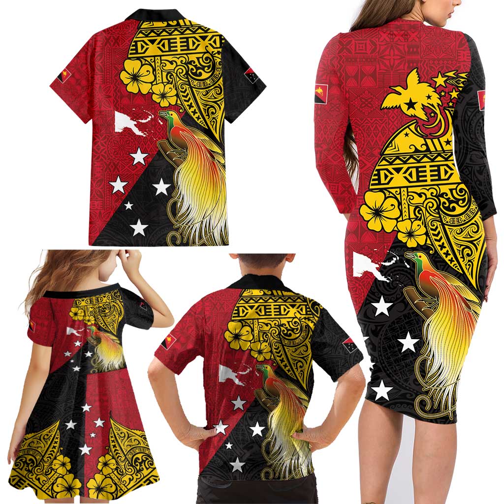 Papua New Guinea Independence Day Family Matching Long Sleeve Bodycon Dress and Hawaiian Shirt Bird-of-Paradise with Map and Polynesian Pattern
