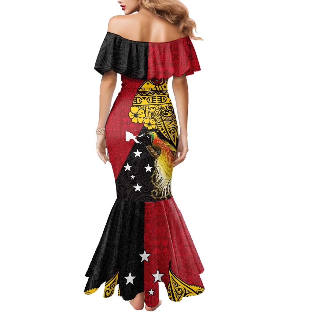 Papua New Guinea Independence Day Family Matching Mermaid Dress and Hawaiian Shirt Bird-of-Paradise with Map and Polynesian Pattern