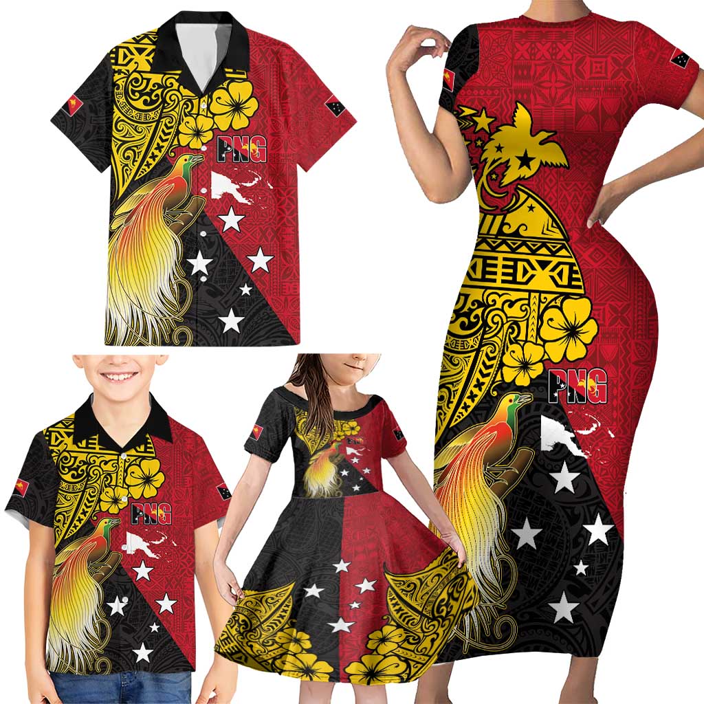 Papua New Guinea Independence Day Family Matching Short Sleeve Bodycon Dress and Hawaiian Shirt Bird-of-Paradise with Map and Polynesian Pattern