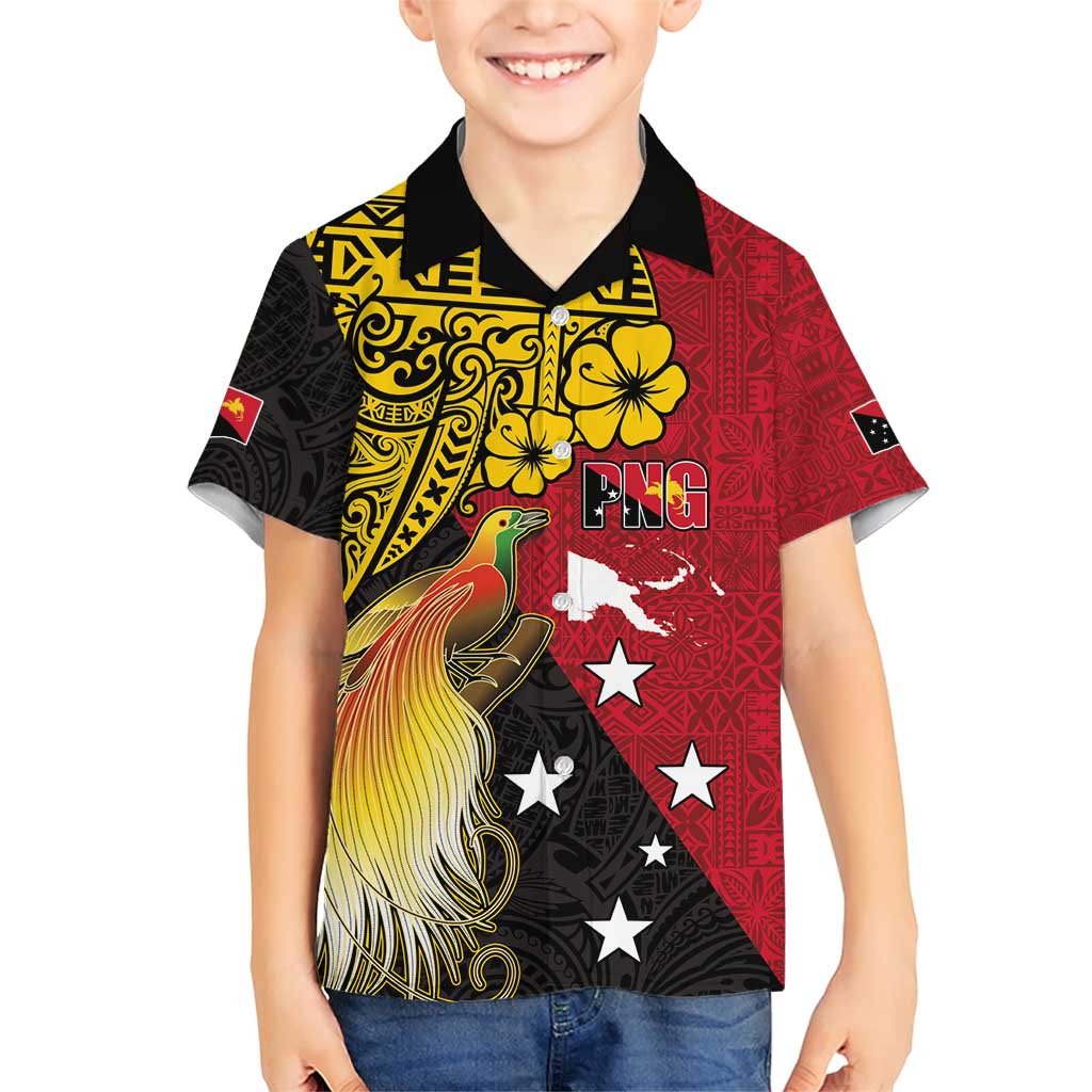 Papua New Guinea Independence Day Family Matching Short Sleeve Bodycon Dress and Hawaiian Shirt Bird-of-Paradise with Map and Polynesian Pattern
