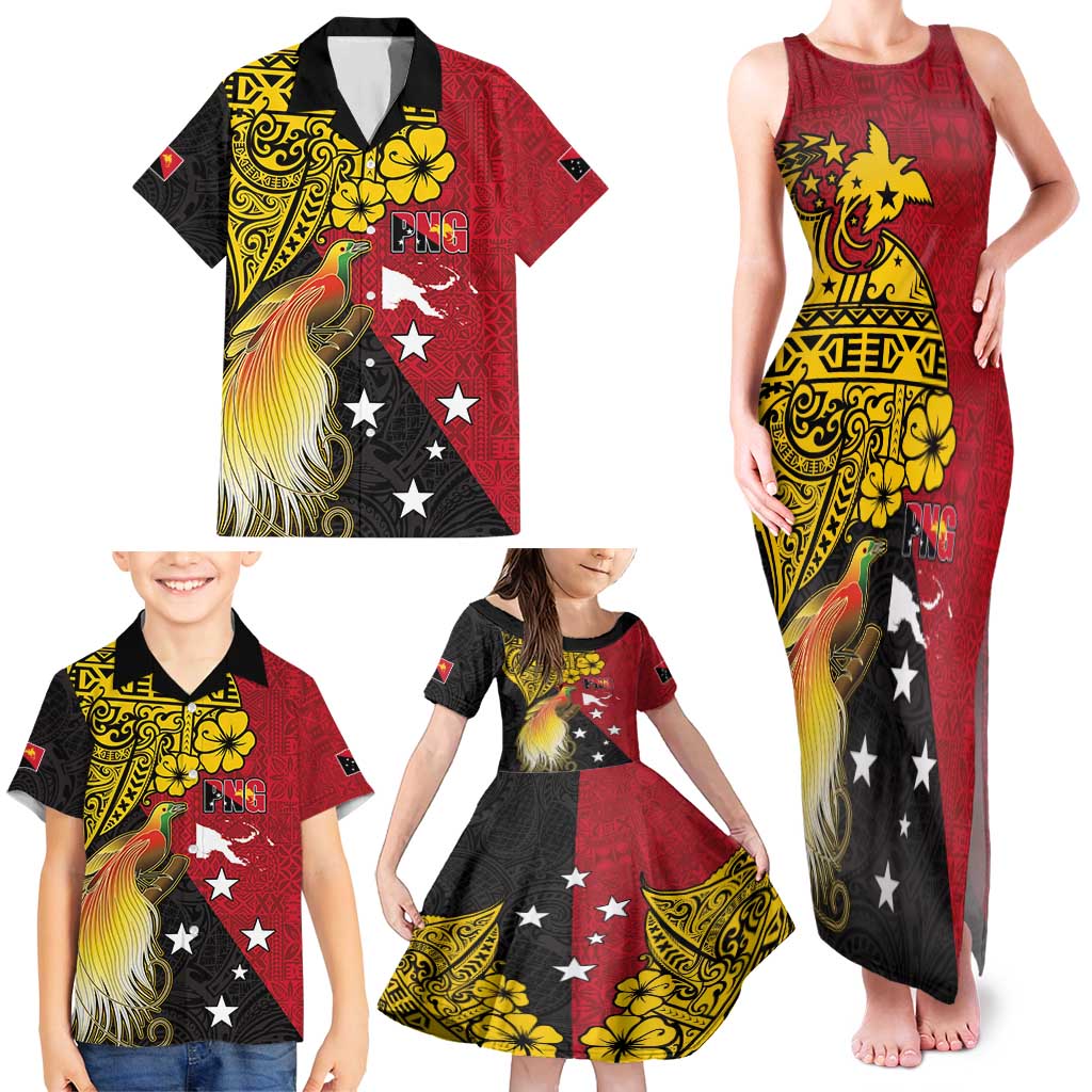 Papua New Guinea Independence Day Family Matching Tank Maxi Dress and Hawaiian Shirt Bird-of-Paradise with Map and Polynesian Pattern