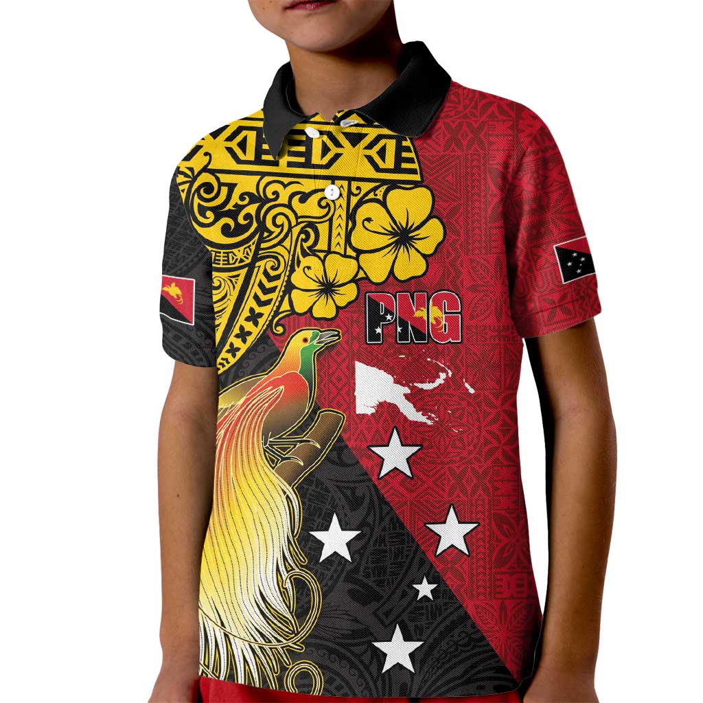 Papua New Guinea Independence Day Kid Polo Shirt Bird-of-Paradise with Map and Polynesian Pattern