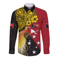 Papua New Guinea Independence Day Long Sleeve Button Shirt Bird-of-Paradise with Map and Polynesian Pattern