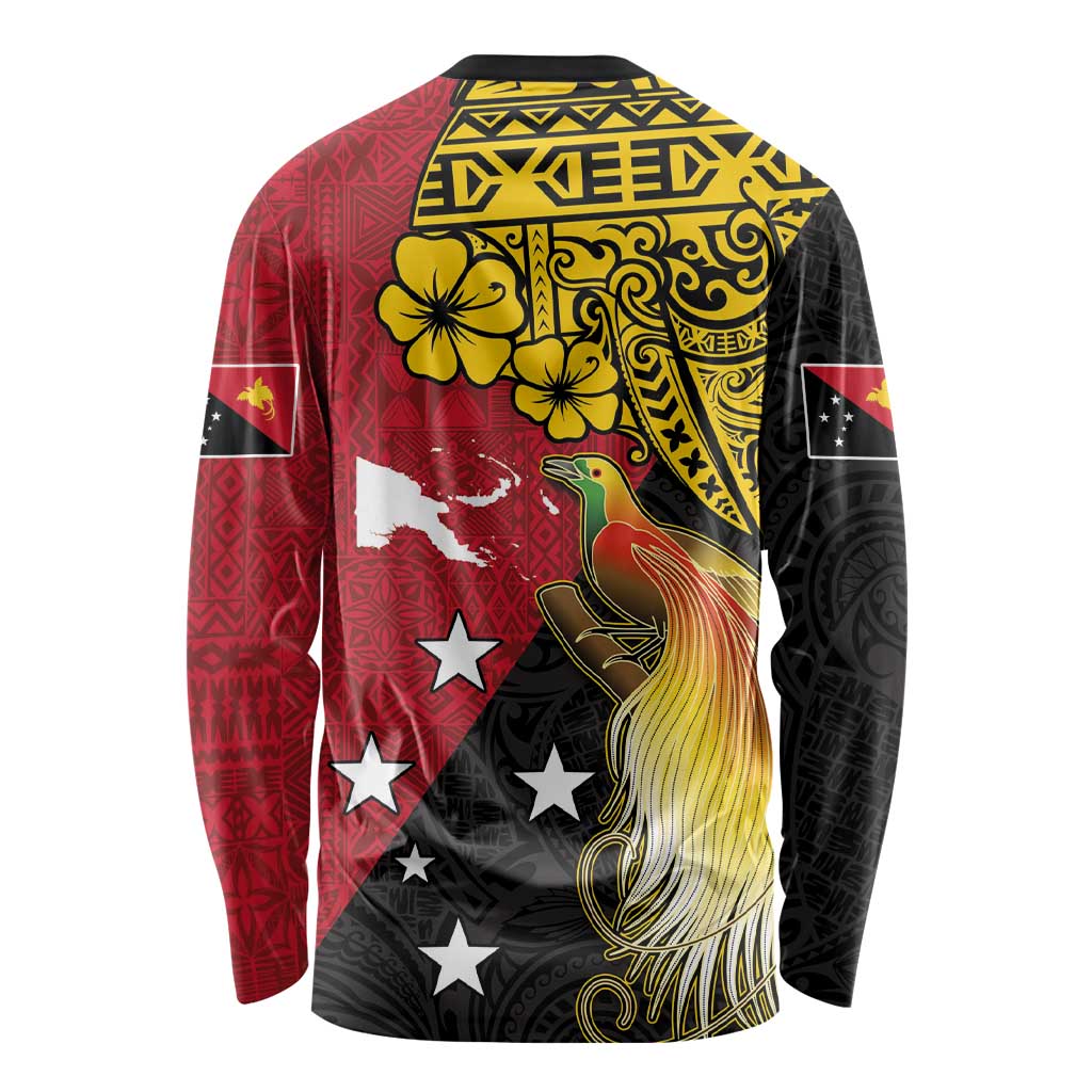 Papua New Guinea Independence Day Long Sleeve Shirt Bird-of-Paradise with Map and Polynesian Pattern