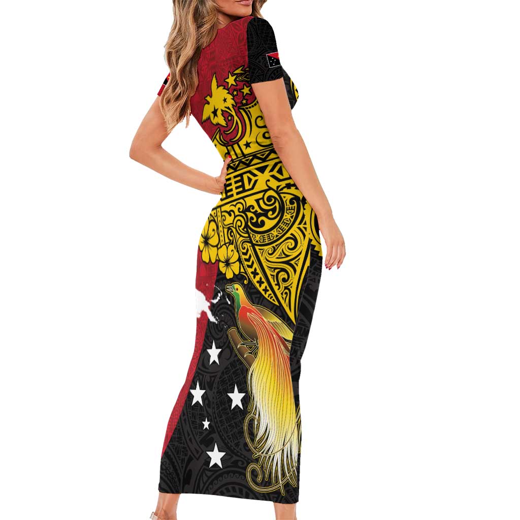 Papua New Guinea Independence Day Short Sleeve Bodycon Dress Bird-of-Paradise with Map and Polynesian Pattern