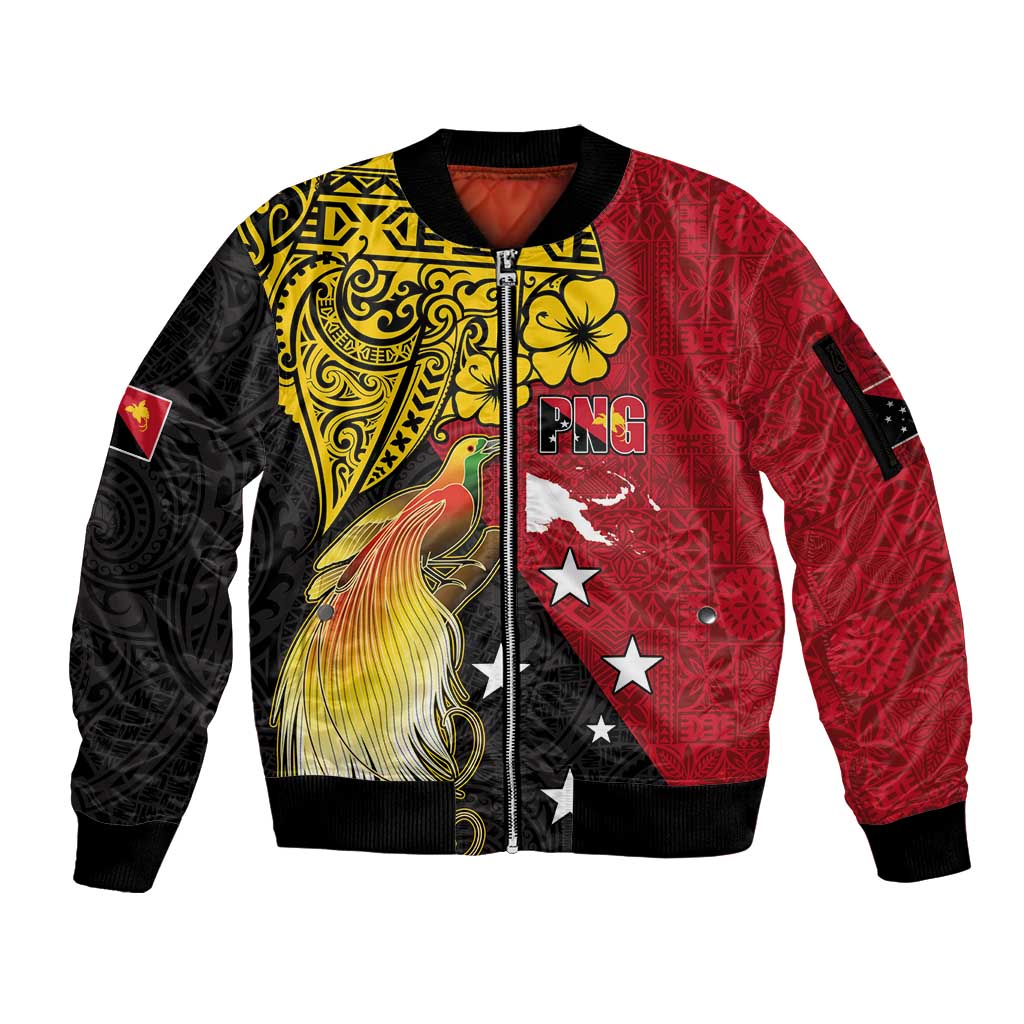 Papua New Guinea Independence Day Sleeve Zip Bomber Jacket Bird-of-Paradise with Map and Polynesian Pattern