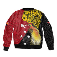Papua New Guinea Independence Day Sleeve Zip Bomber Jacket Bird-of-Paradise with Map and Polynesian Pattern