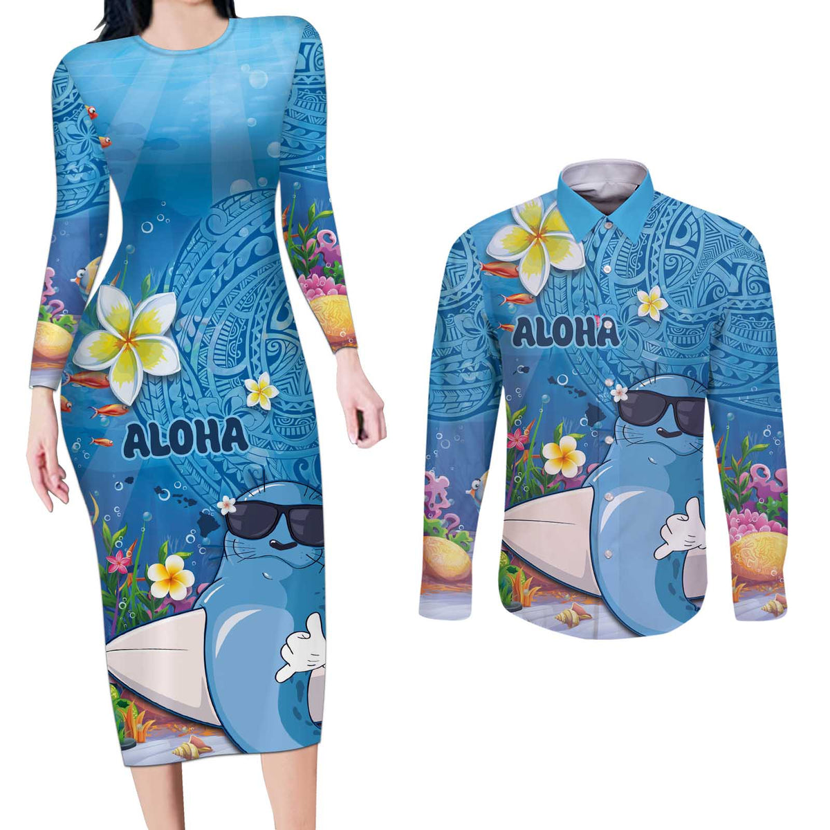 Aloha Hawaiian Monk Seal Couples Matching Long Sleeve Bodycon Dress and Long Sleeve Button Shirt Polynesian Tattoo The Ocean and Undersea Vibe