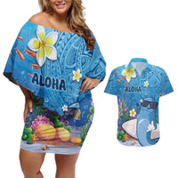 Aloha Hawaiian Monk Seal Couples Matching Off Shoulder Short Dress and Hawaiian Shirt Polynesian Tattoo The Ocean and Undersea Vibe