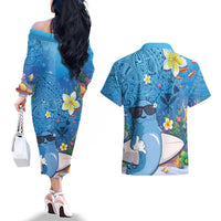 Aloha Hawaiian Monk Seal Couples Matching Off The Shoulder Long Sleeve Dress and Hawaiian Shirt Polynesian Tattoo The Ocean and Undersea Vibe