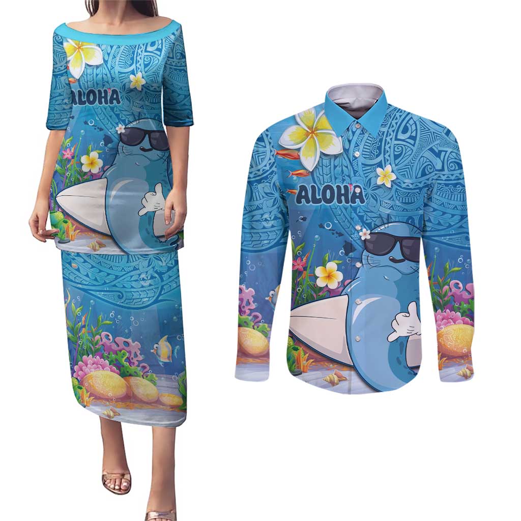 Aloha Hawaiian Monk Seal Couples Matching Puletasi and Long Sleeve Button Shirt Polynesian Tattoo The Ocean and Undersea Vibe