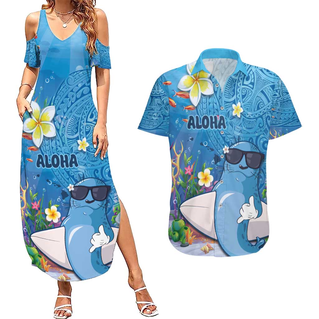 Aloha Hawaiian Monk Seal Couples Matching Summer Maxi Dress and Hawaiian Shirt Polynesian Tattoo The Ocean and Undersea Vibe