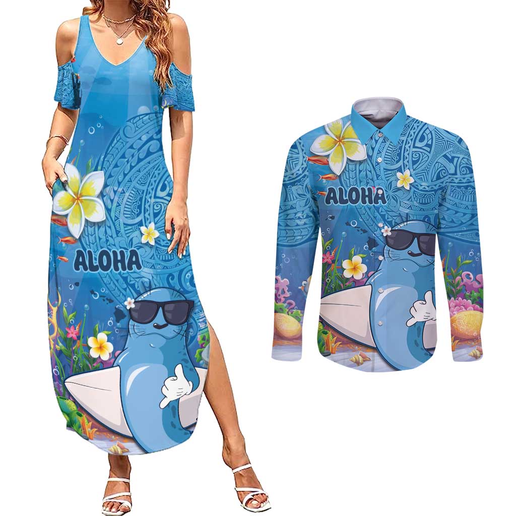 Aloha Hawaiian Monk Seal Couples Matching Summer Maxi Dress and Long Sleeve Button Shirt Polynesian Tattoo The Ocean and Undersea Vibe