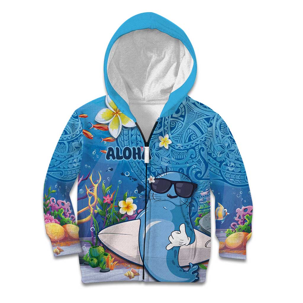 Aloha Hawaiian Monk Seal Kid Hoodie Polynesian Tattoo The Ocean and Undersea Vibe LT03 Zip Hoodie Blue - Polynesian Pride