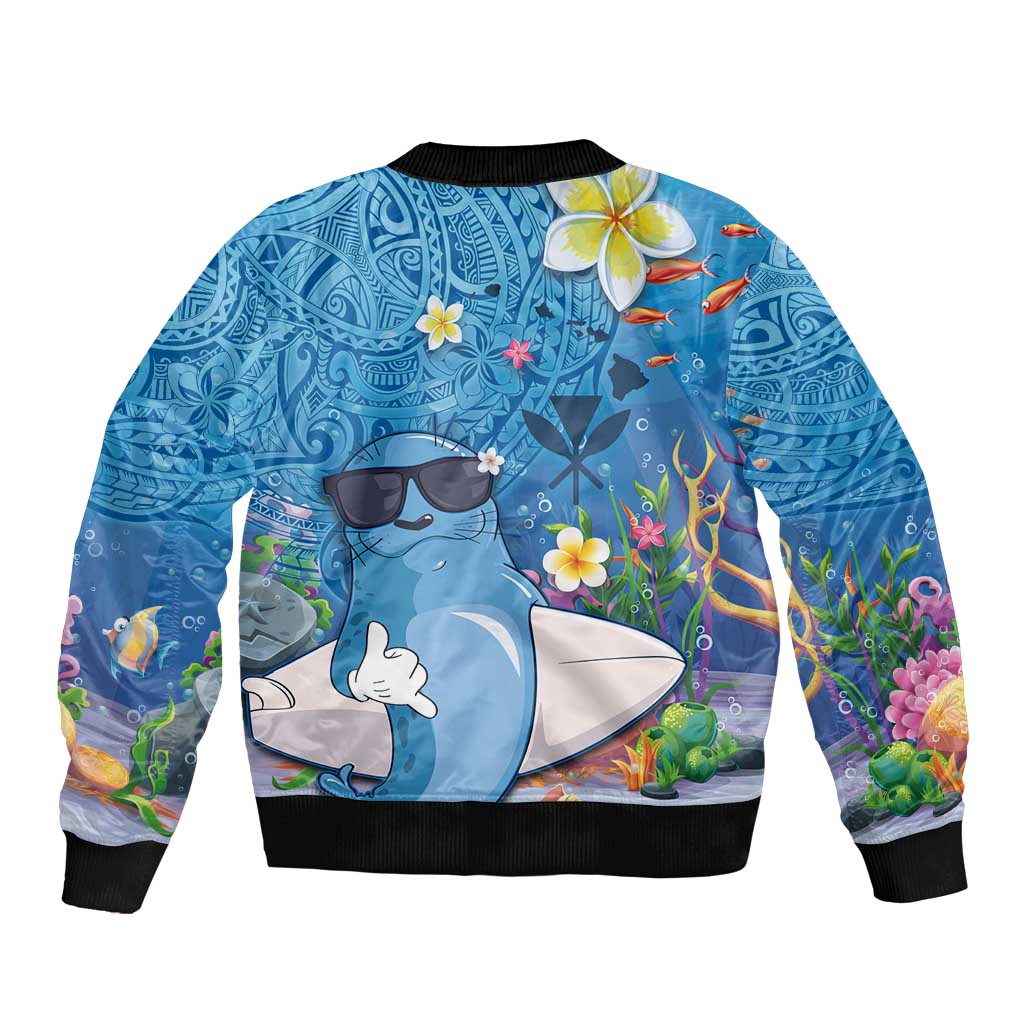Aloha Hawaiian Monk Seal Sleeve Zip Bomber Jacket Polynesian Tattoo The Ocean and Undersea Vibe