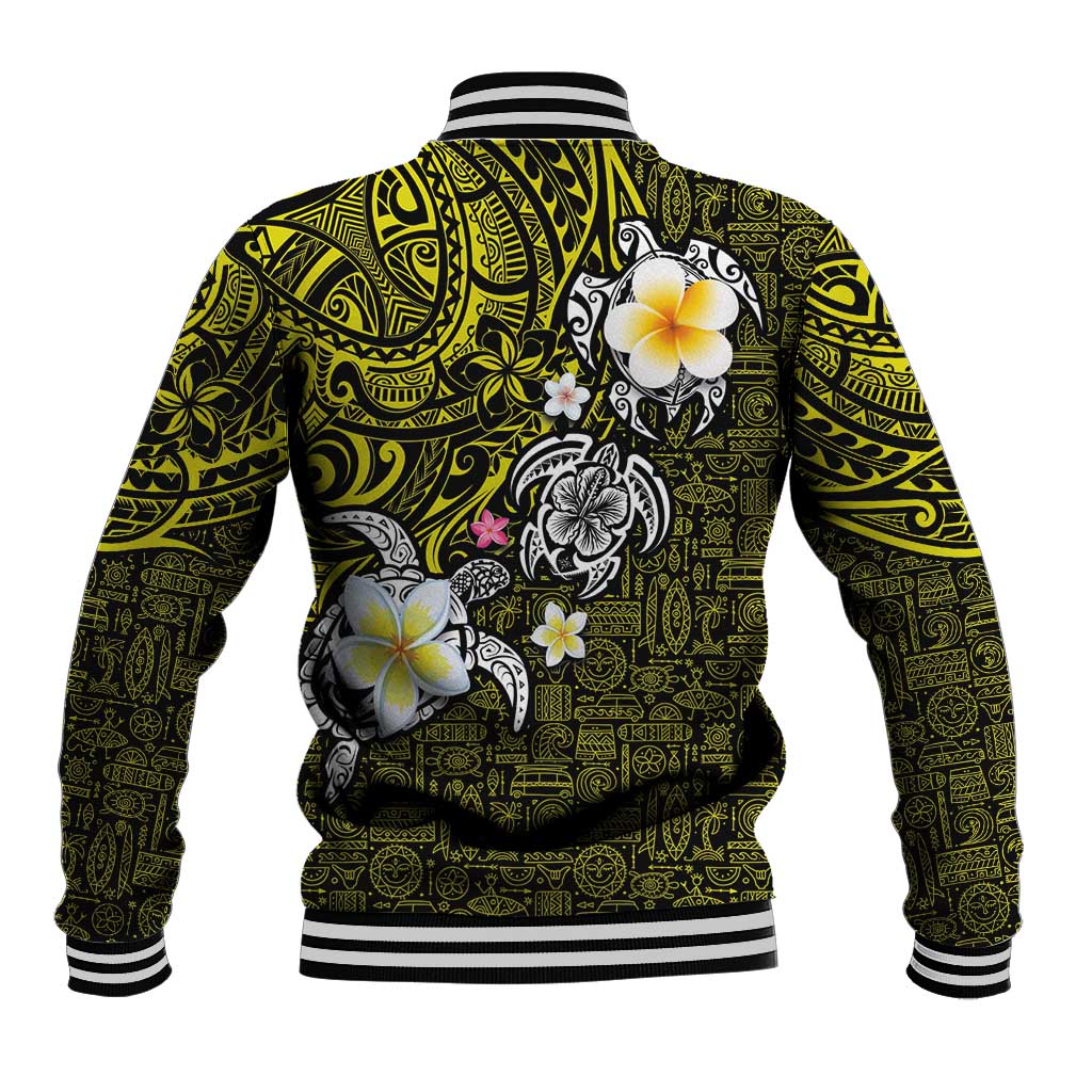 Hawaiian Turtle and Plumeria Baseball Jacket Polynesian Tattoo and Tribal Elements Pattern Yellow Color