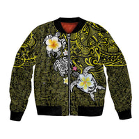 Hawaiian Turtle and Plumeria Bomber Jacket Polynesian Tattoo and Tribal Elements Pattern Yellow Color