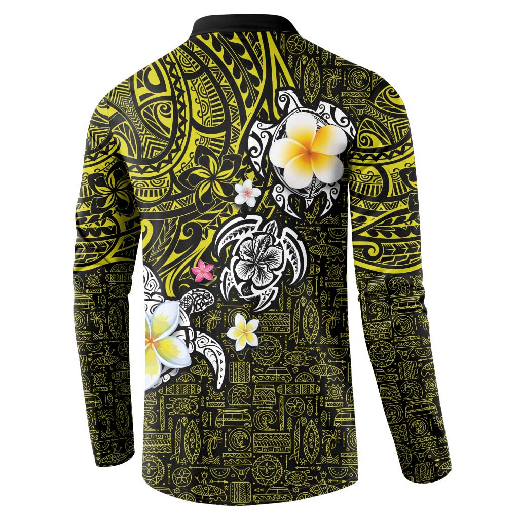 Hawaiian Turtle and Plumeria Button Sweatshirt Polynesian Tattoo and Tribal Elements Pattern Yellow Color