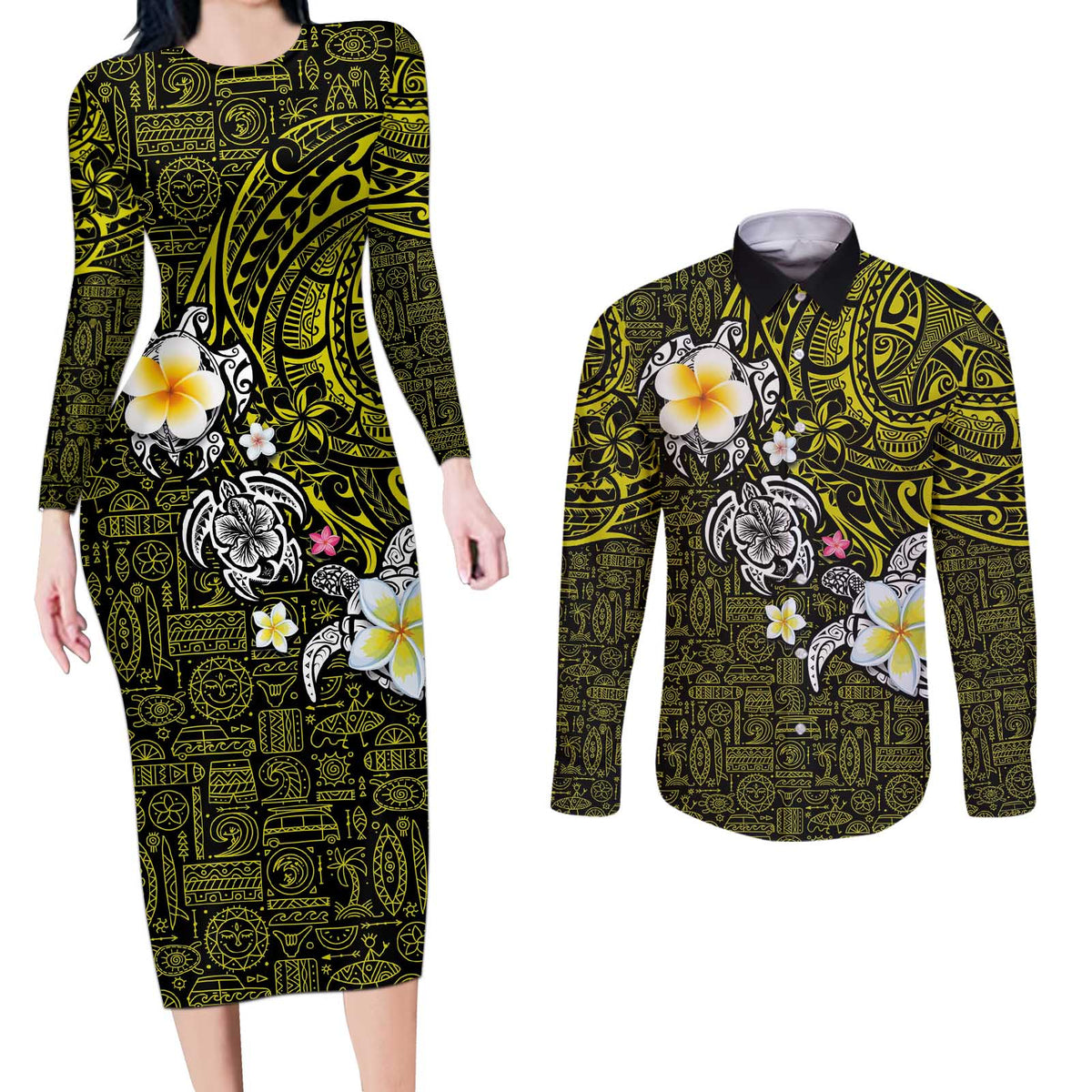 Hawaiian Turtle and Plumeria Couples Matching Long Sleeve Bodycon Dress and Long Sleeve Button Shirt Polynesian Tattoo and Tribal Elements Pattern Yellow Color