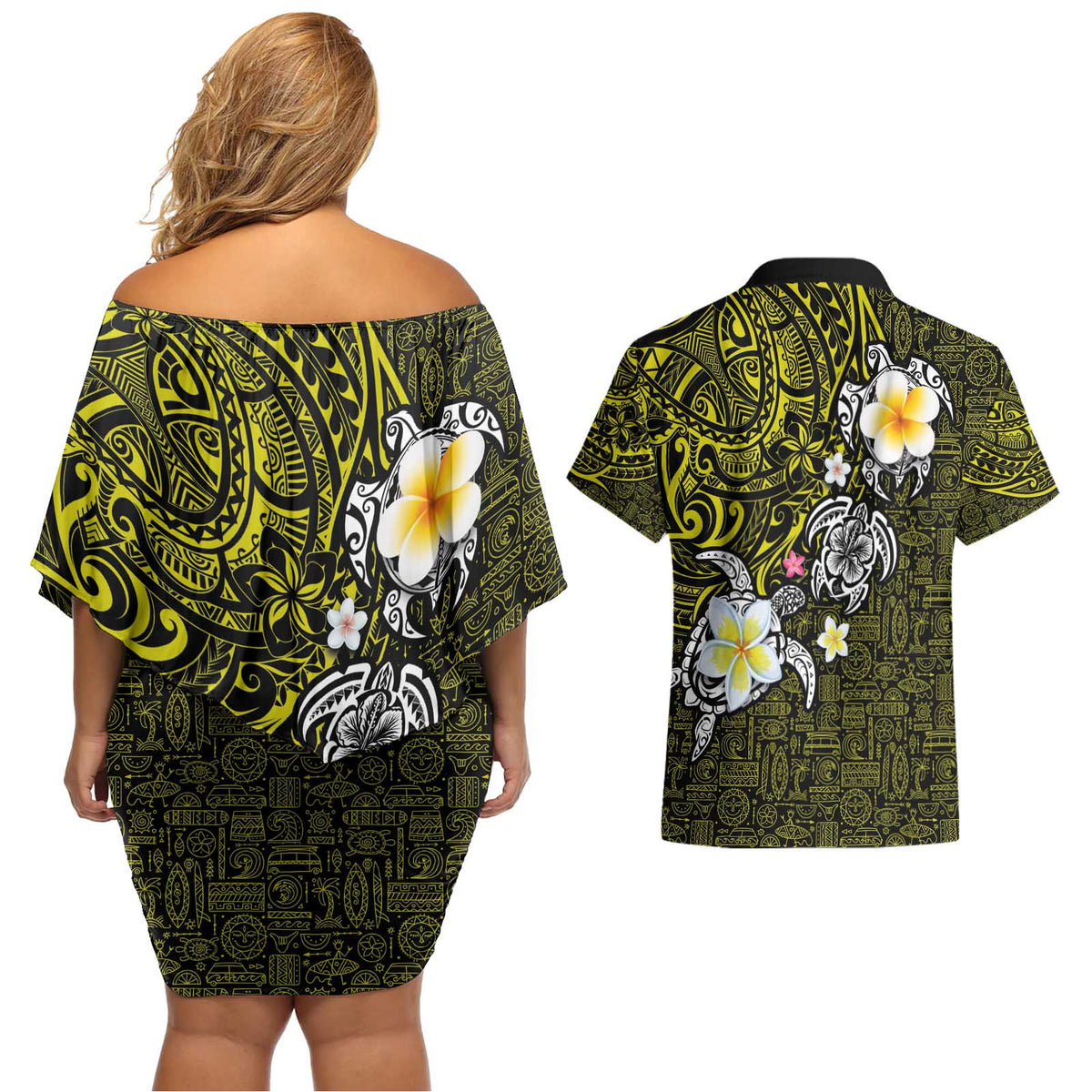 Hawaiian Turtle and Plumeria Couples Matching Off Shoulder Short Dress and Hawaiian Shirt Polynesian Tattoo and Tribal Elements Pattern Yellow Color