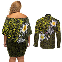Hawaiian Turtle and Plumeria Couples Matching Off Shoulder Short Dress and Long Sleeve Button Shirt Polynesian Tattoo and Tribal Elements Pattern Yellow Color