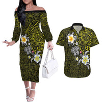 Hawaiian Turtle and Plumeria Couples Matching Off The Shoulder Long Sleeve Dress and Hawaiian Shirt Polynesian Tattoo and Tribal Elements Pattern Yellow Color