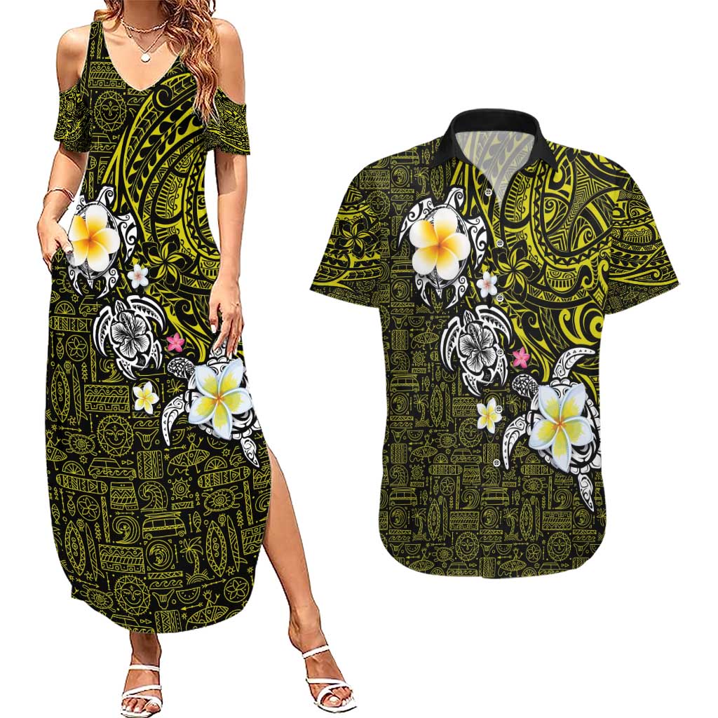 Hawaiian Turtle and Plumeria Couples Matching Summer Maxi Dress and Hawaiian Shirt Polynesian Tattoo and Tribal Elements Pattern Yellow Color