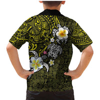 Hawaiian Turtle and Plumeria Family Matching Mermaid Dress and Hawaiian Shirt Polynesian Tattoo and Tribal Elements Pattern Yellow Color