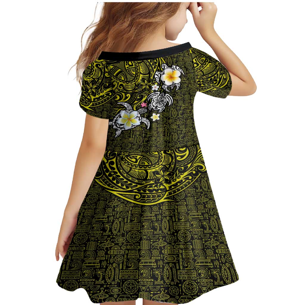 Hawaiian Turtle and Plumeria Family Matching Mermaid Dress and Hawaiian Shirt Polynesian Tattoo and Tribal Elements Pattern Yellow Color