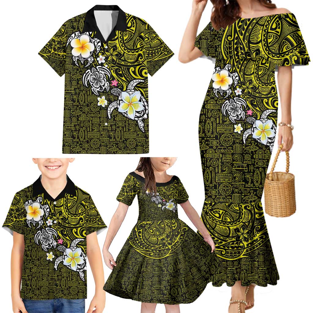 Hawaiian Turtle and Plumeria Family Matching Mermaid Dress and Hawaiian Shirt Polynesian Tattoo and Tribal Elements Pattern Yellow Color