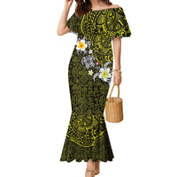 Hawaiian Turtle and Plumeria Family Matching Mermaid Dress and Hawaiian Shirt Polynesian Tattoo and Tribal Elements Pattern Yellow Color