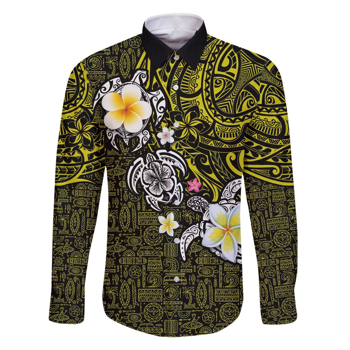Hawaiian Turtle and Plumeria Family Matching Off The Shoulder Long Sleeve Dress and Hawaiian Shirt Polynesian Tattoo and Tribal Elements Pattern Yellow Color