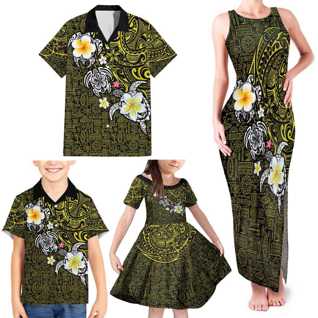 Hawaiian Turtle and Plumeria Family Matching Tank Maxi Dress and Hawaiian Shirt Polynesian Tattoo and Tribal Elements Pattern Yellow Color