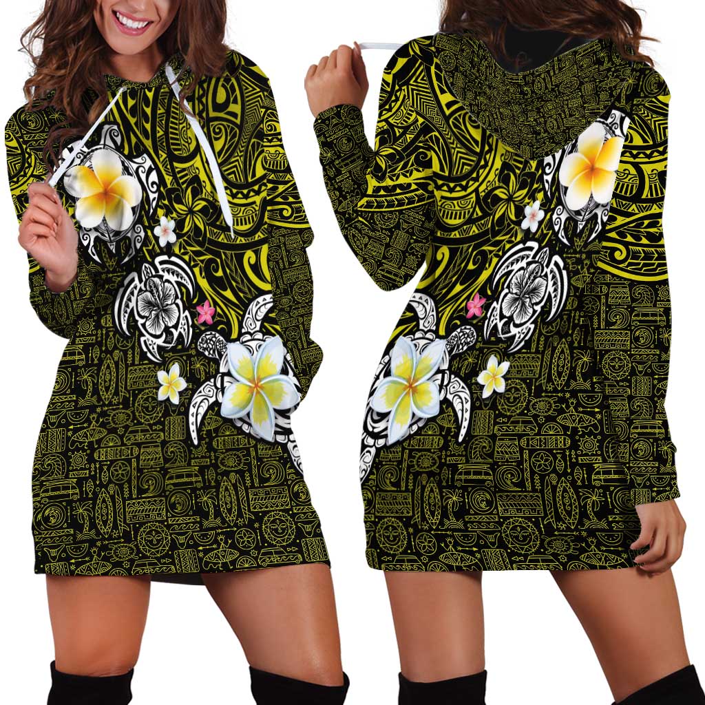 Hawaiian Turtle and Plumeria Hoodie Dress Polynesian Tattoo and Tribal Elements Pattern Yellow Color