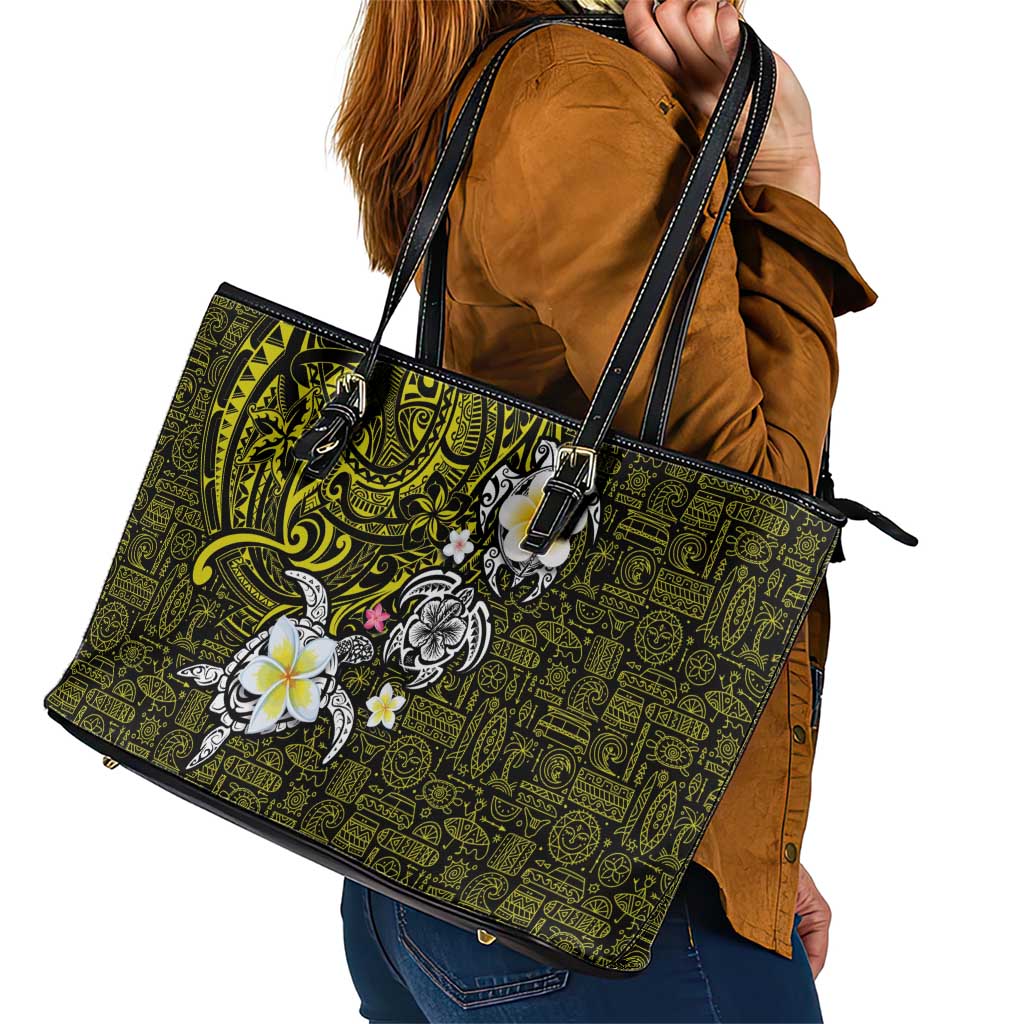 Hawaiian Turtle and Plumeria Leather Tote Bag Polynesian Tattoo and Tribal Elements Pattern Yellow Color