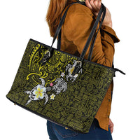 Hawaiian Turtle and Plumeria Leather Tote Bag Polynesian Tattoo and Tribal Elements Pattern Yellow Color