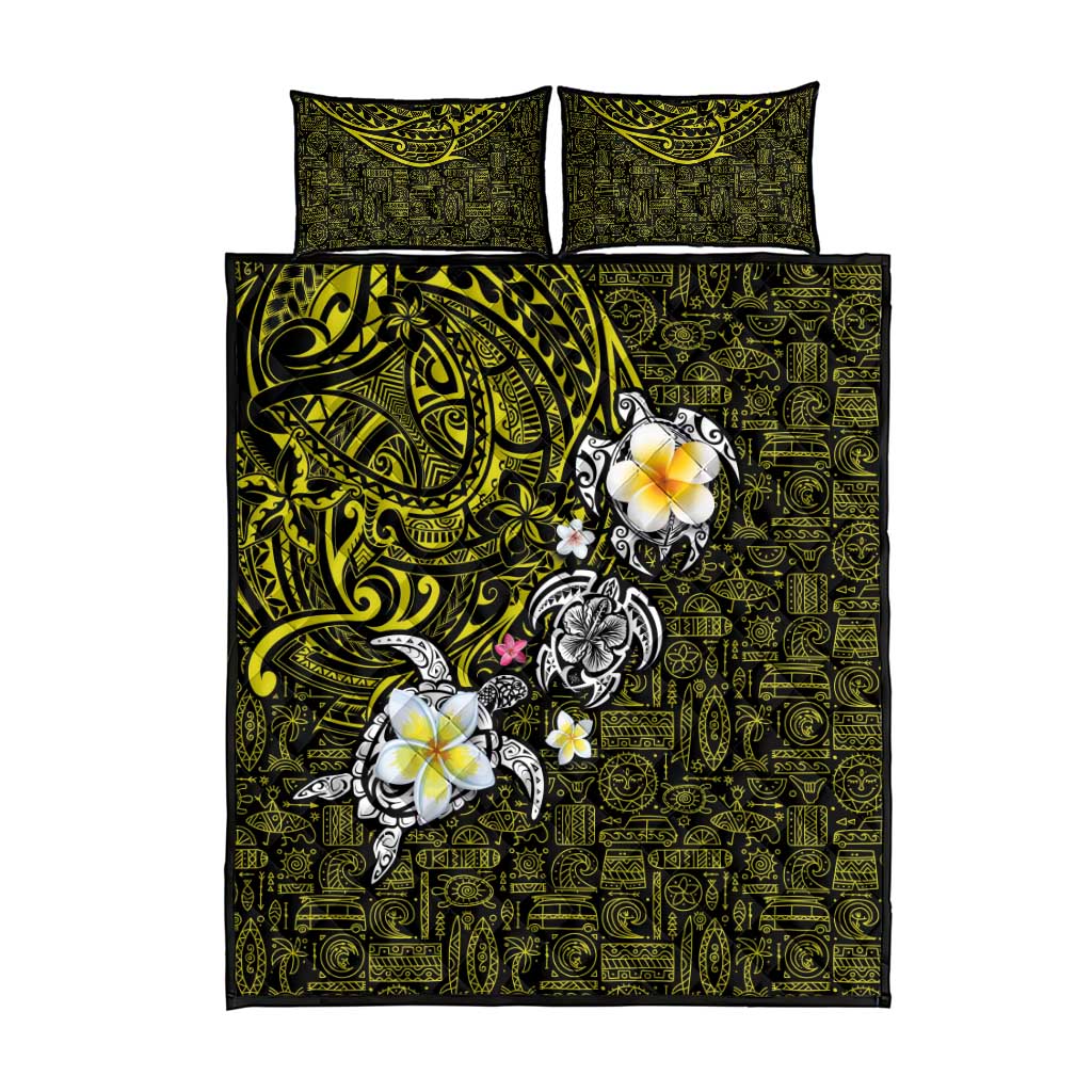 Hawaiian Turtle and Plumeria Quilt Bed Set Polynesian Tattoo and Tribal Elements Pattern Yellow Color