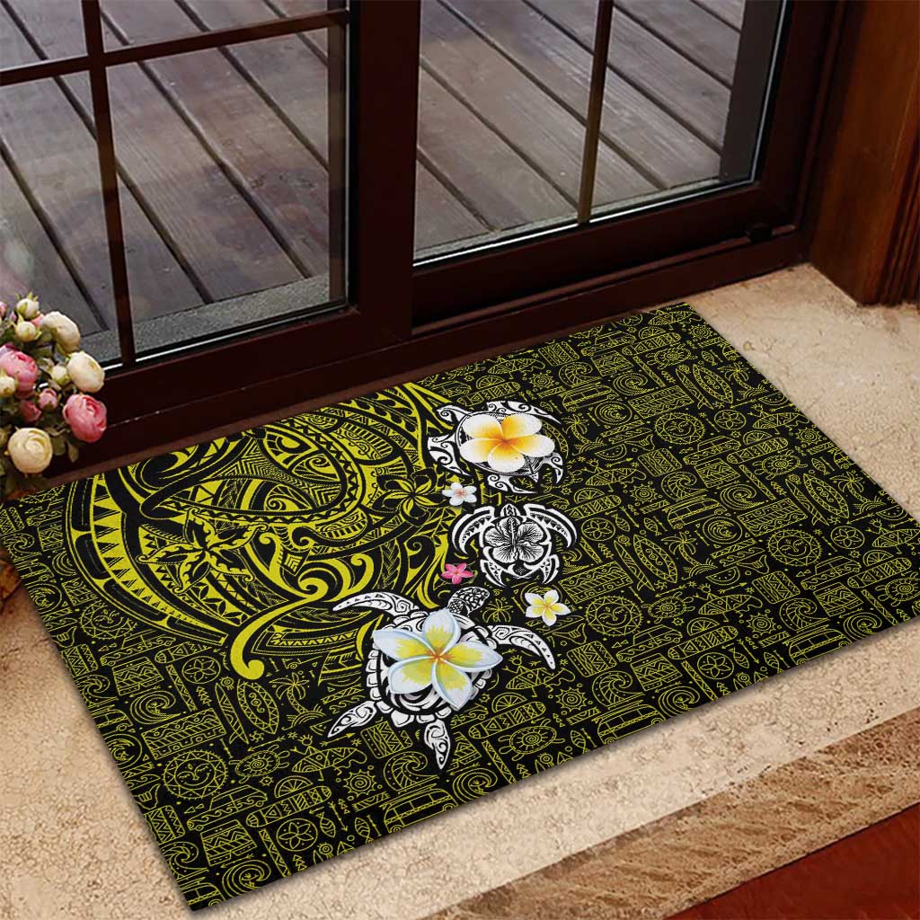Hawaiian Turtle and Plumeria Rubber Doormat Polynesian Tattoo and Tribal Elements Pattern Yellow Color LT03 - Polynesian Pride