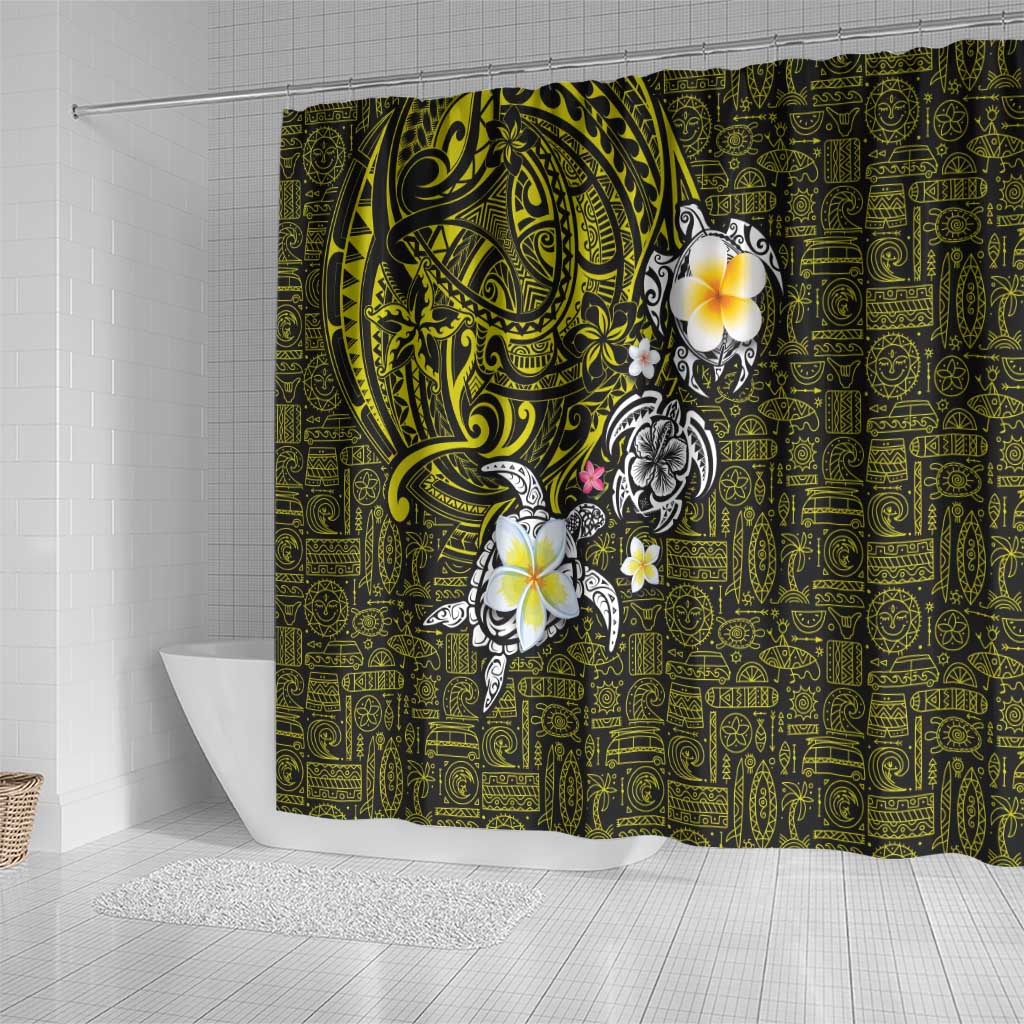 Hawaiian Turtle and Plumeria Shower Curtain Polynesian Tattoo and Tribal Elements Pattern Yellow Color
