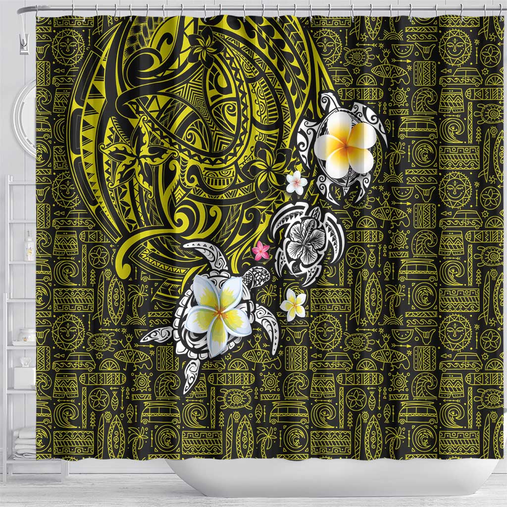 Hawaiian Turtle and Plumeria Shower Curtain Polynesian Tattoo and Tribal Elements Pattern Yellow Color