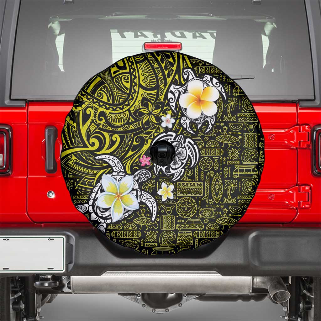 Hawaiian Turtle and Plumeria Spare Tire Cover Polynesian Tattoo and Tribal Elements Pattern Yellow Color