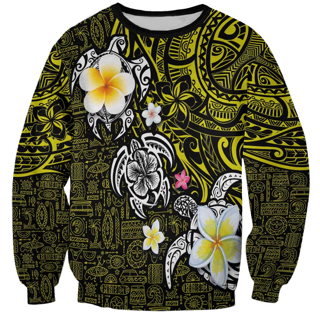 Hawaiian Turtle and Plumeria Sweatshirt Polynesian Tattoo and Tribal Elements Pattern Yellow Color LT03 Unisex Yellow - Polynesian Pride