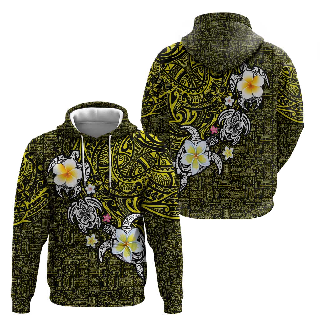 Hawaiian Turtle and Plumeria Zip Hoodie Polynesian Tattoo and Tribal Elements Pattern Yellow Color