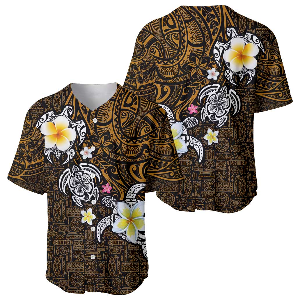 Hawaiian Turtle and Plumeria Baseball Jersey Polynesian Tattoo and Tribal Elements Pattern Orange Color
