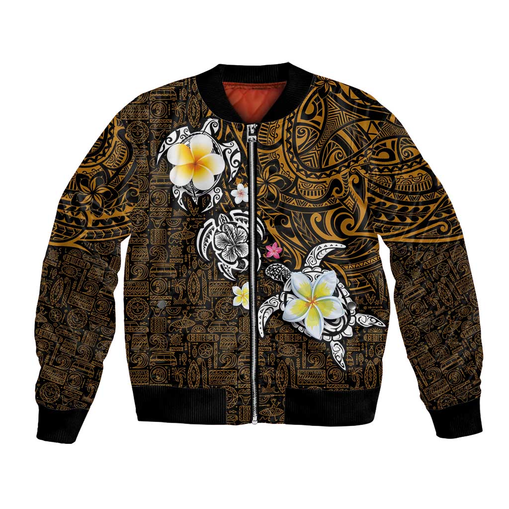 Hawaiian Turtle and Plumeria Bomber Jacket Polynesian Tattoo and Tribal Elements Pattern Orange Color