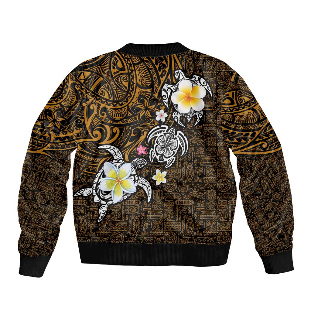 Hawaiian Turtle and Plumeria Bomber Jacket Polynesian Tattoo and Tribal Elements Pattern Orange Color