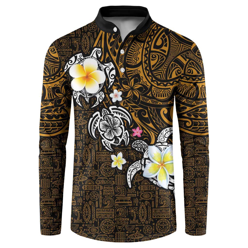 Hawaiian Turtle and Plumeria Button Sweatshirt Polynesian Tattoo and Tribal Elements Pattern Orange Color