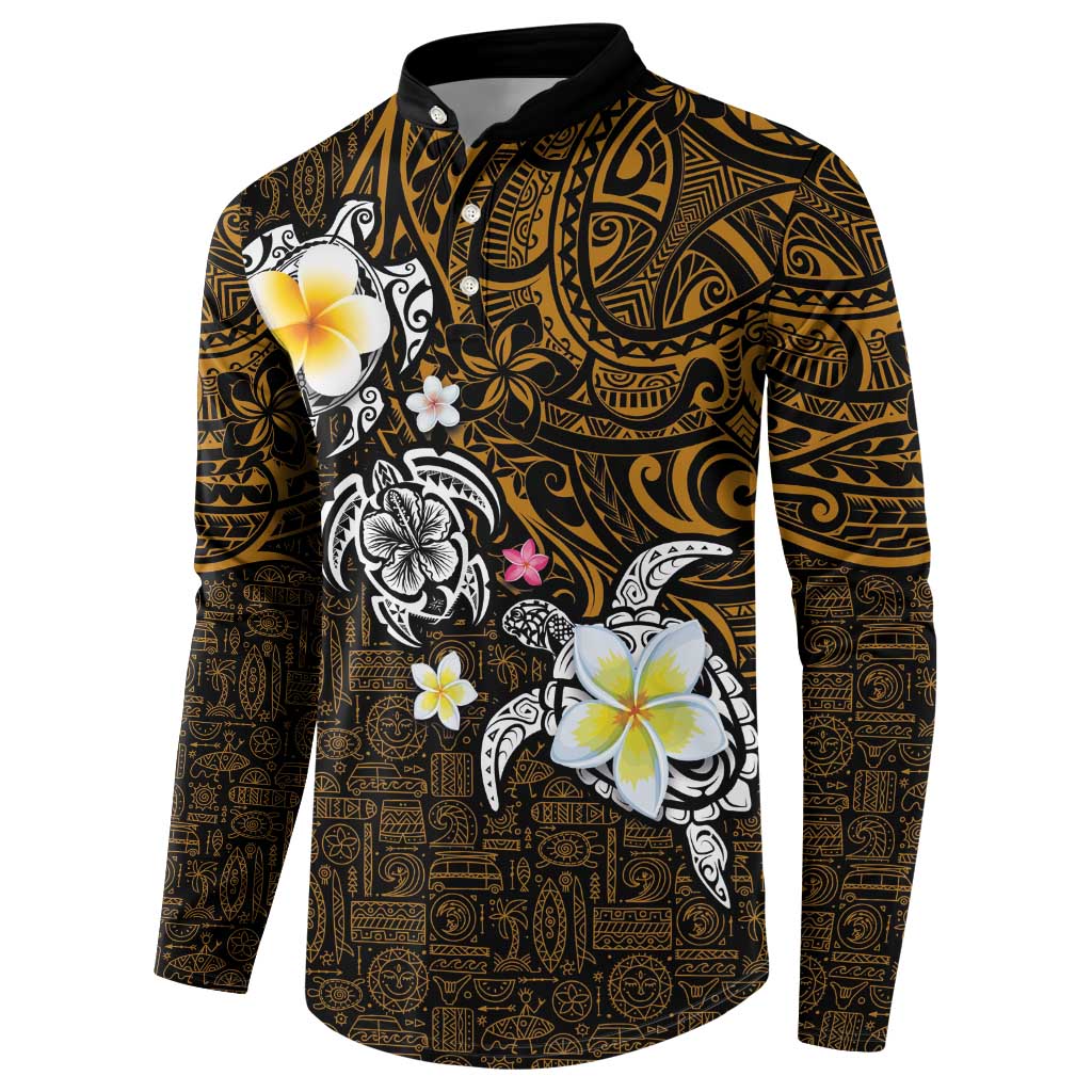 Hawaiian Turtle and Plumeria Button Sweatshirt Polynesian Tattoo and Tribal Elements Pattern Orange Color