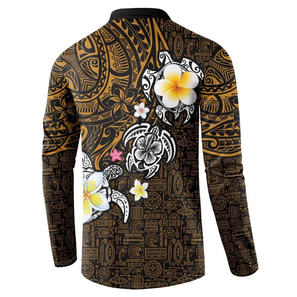 Hawaiian Turtle and Plumeria Button Sweatshirt Polynesian Tattoo and Tribal Elements Pattern Orange Color